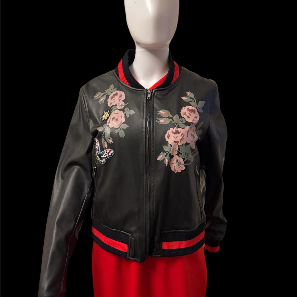Bagatelle Black Bomber Jacket with Pink Floral Design & Embroidery